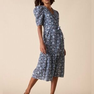 ST. ROCHE Pearl Dress Wrap Around Midi Puff Sleeve Nacy Floral Size 6 NWT